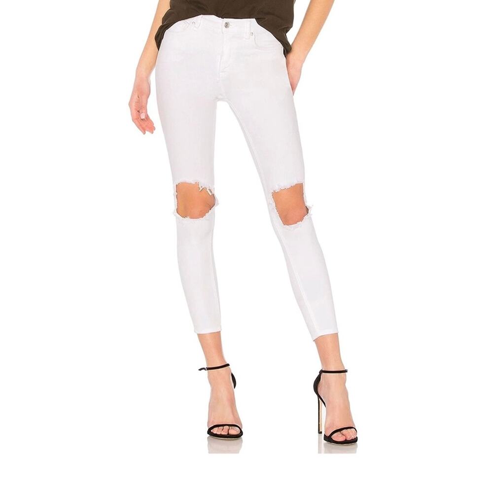Free People Jeans Size 31 White High Rise Distressed Cropped Skinny Festival